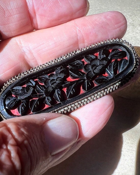 Antique Chinese Carved Ebony and Cinnabar Brooch -