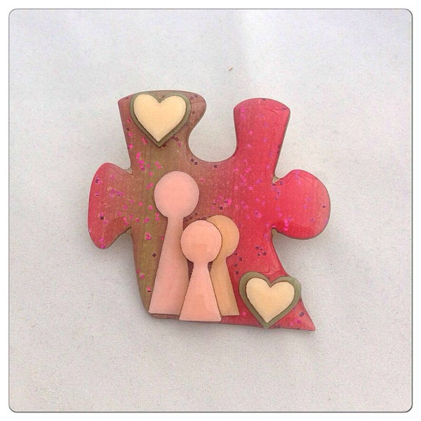 Vintage Puzzle Brooch - People Pins by Lucinda - hearts - pink - red - beige - rose - people's pins - puzzle piece - valentine