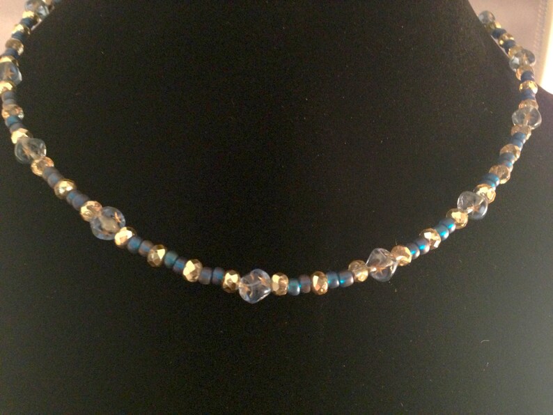 Starry Nights Necklace with Vintage Blue Glass square beads & czech gold crystal 24kt vermeil clasp cobalt and gilt image 4