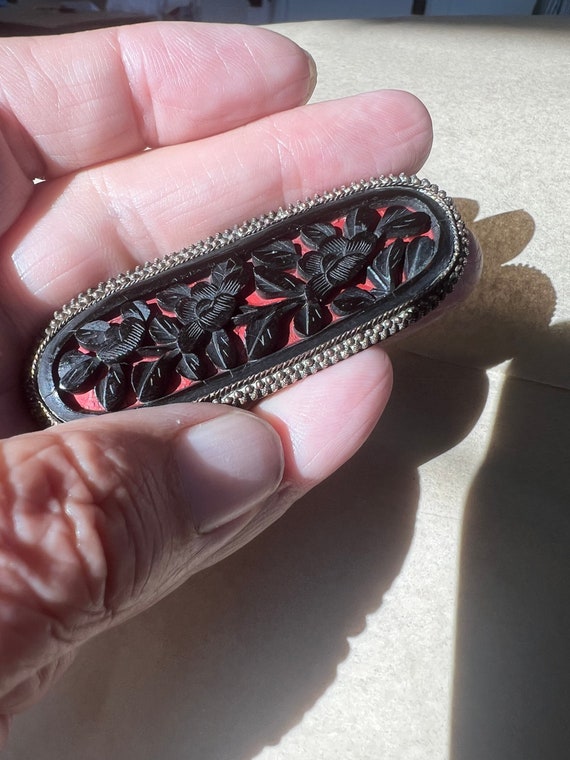 Antique Chinese Carved Ebony and Cinnabar Brooch … - image 6