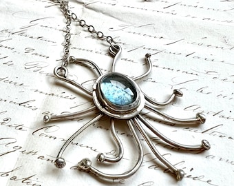 Rare Rafael Canada Modernist Sterling Silver starburst shaped Pendant & Chain  - blue glass cabochon spider