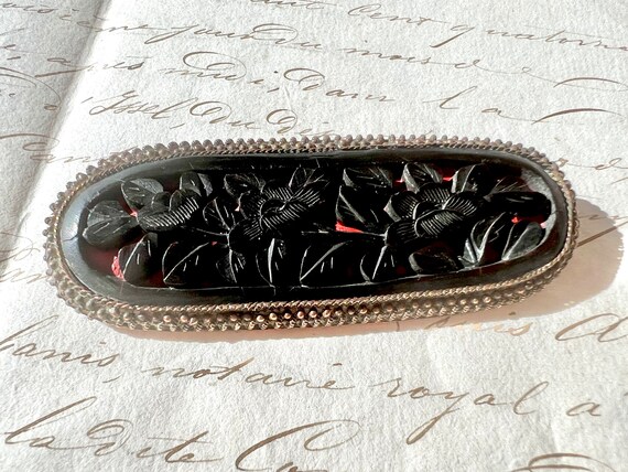 Antique Chinese Carved Ebony and Cinnabar Brooch … - image 2
