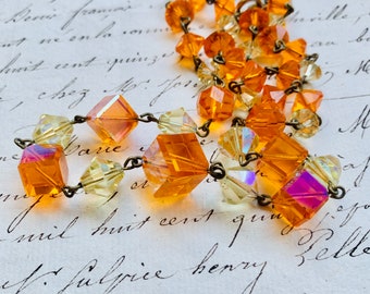 Citrine Czech AB coated Crystal Glass necklace with orange crystal cubes and yellow orbs, Vintage 30s - elegant brass bling