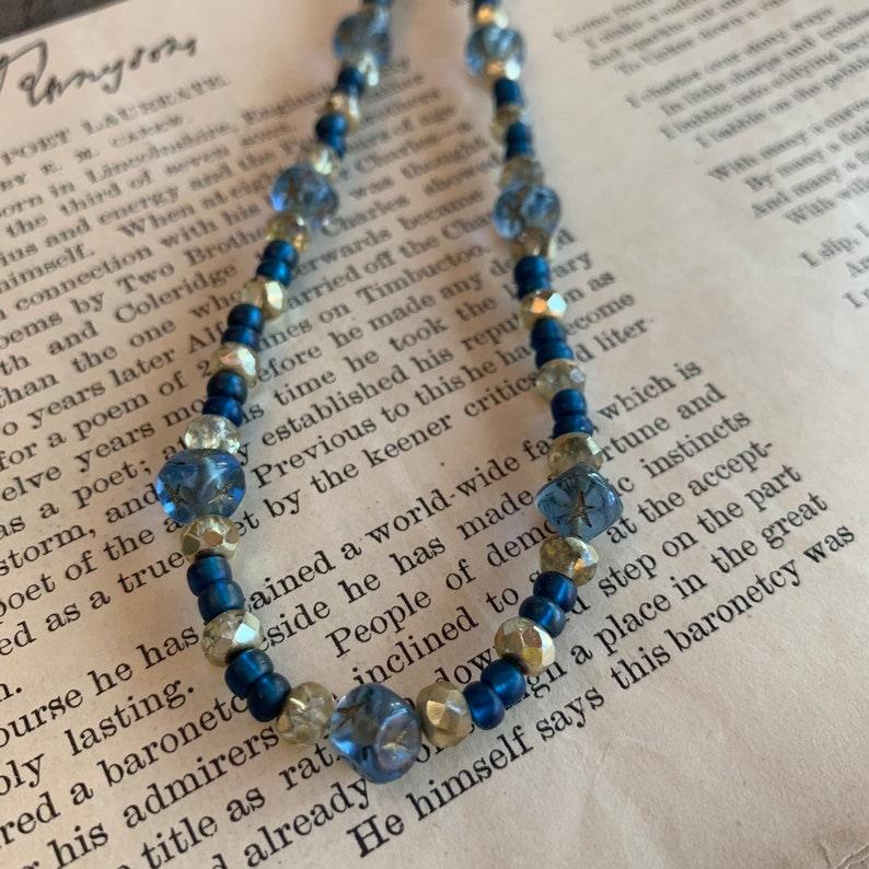 Starry Nights Necklace with Vintage Blue Glass square beads & czech gold crystal 24kt vermeil clasp cobalt and gilt image 5