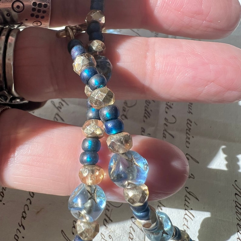 Starry Nights Necklace with Vintage Blue Glass square beads & czech gold crystal 24kt vermeil clasp cobalt and gilt image 2