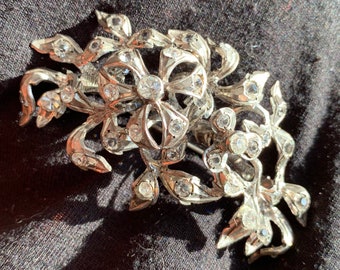 Floral Spray Sterling Silver Rhinestone Brooch - vintage stylized flower brooch - large statement - clear rhinestones Wedding New Years