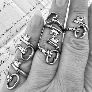 May include: A set of four silver key-shaped rings. The rings are worn on the fingers of a hand.