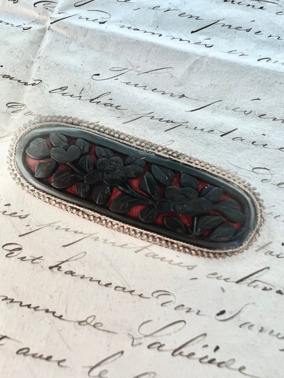 Antique Chinese Carved Ebony and Cinnabar Brooch … - image 4