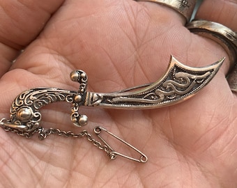 Stunning Scimitar Brooch with symbols,  Vintage French Hallmarks and catch chain. sword bedouin style Persian