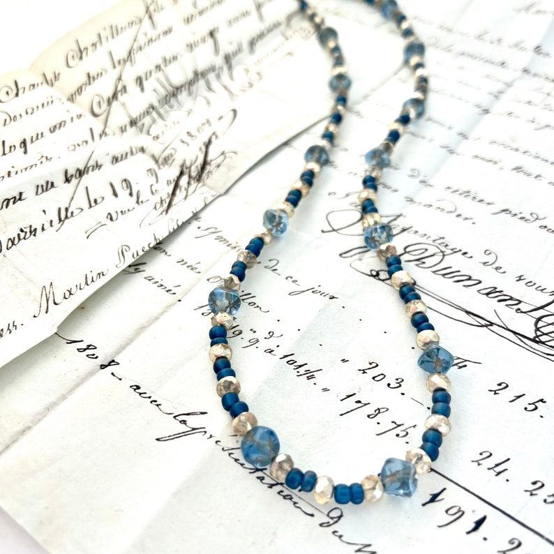 Starry Nights Necklace with Vintage Blue Glass square beads & czech gold crystal 24kt vermeil clasp cobalt and gilt image 1