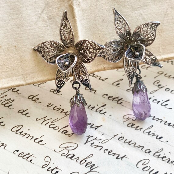 Vintage Orchid Earrings 800 Silver with Amethyst d