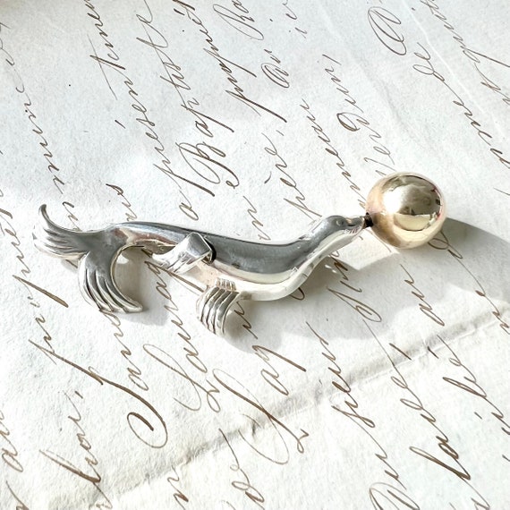 Lang Sterling Silver Seal Brooch: Vintage 50s Animal Pin