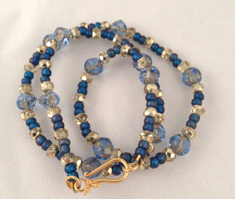 Starry Nights Necklace with Vintage Blue Glass square beads & czech gold crystal 24kt vermeil clasp cobalt and gilt image 7