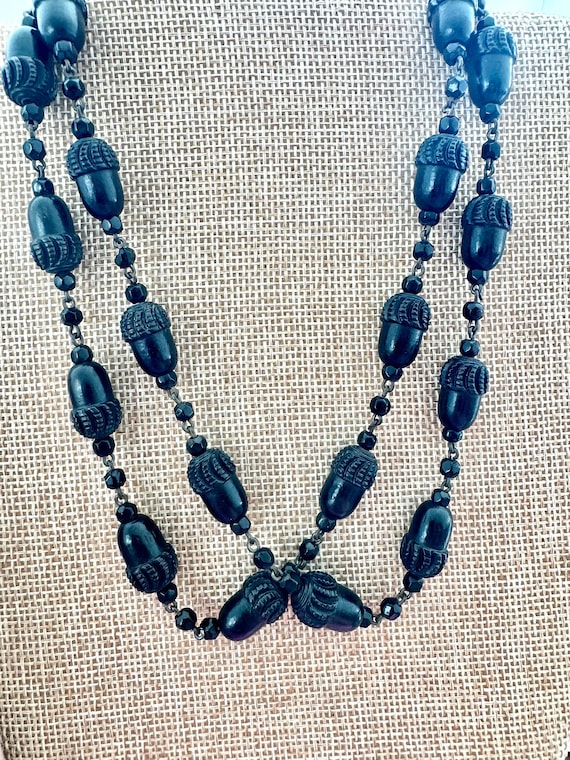 Acorn Bog Oak Long Carved Necklace - Mourning Vict