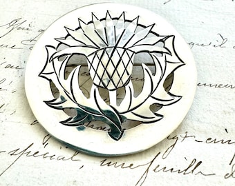 Abbott Gotshall Scotch Thistle Circle Brooch, signée à la main en argent sterling, écossais écossais
