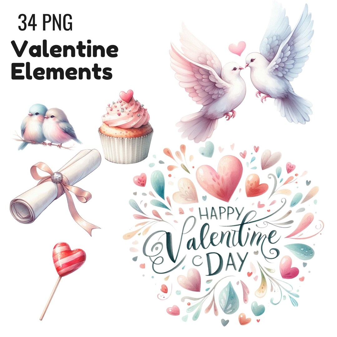 Watercolor Valentine Clipart Bundle - 34 Romantic PNG Elements ...