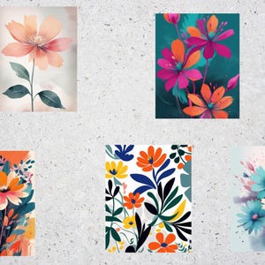 Pack de 5 Affiches Fleurs Abstraites Colorées / Poster Botanique Moderne à Imprimer / Digital Floral Wall Art Imprimible