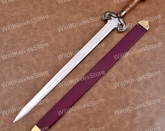 Handmade D2  carbon Steel Viking Sword, Ornate Leaf , Leather Sheath