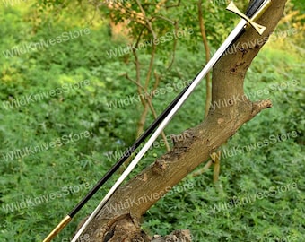 Hand-Forged Longsword Replica - Gold Crossguard Functional/Decorative Two-Handed Sword