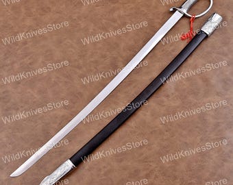 Handmade D2 carbon Steel Cavalry Sabre Sword: Engraved Scabbard, D-Guard Hilt