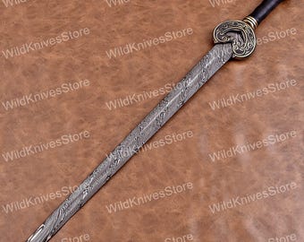 Hand-Forged Damascus Steel Jian Sword with Leather Sheath wv