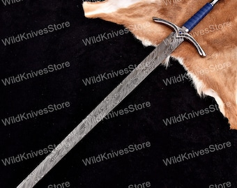 Damascus Steel Ranger Sword Replica with Blue Handle Display