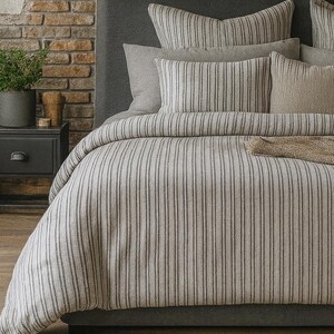 Gray Striped Linen Duvet Cover Set – Reversible Cotton Bedding, Made in Turkey