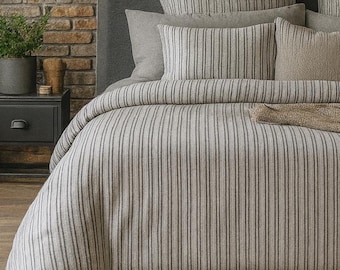 Set copripiumino in lino a righe grigie – Biancheria da letto in cotone reversibile, prodotto in Turchia