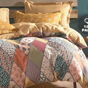 Luxuriöses Patchwork-Look Baumwoll-Bettbezug-Set - Moderner Boho Quilt-Stil, Queen-Size