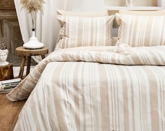 Luxe bruin gestreepte kingsize dekbedovertrekset: ademende katoenmix beddengoed