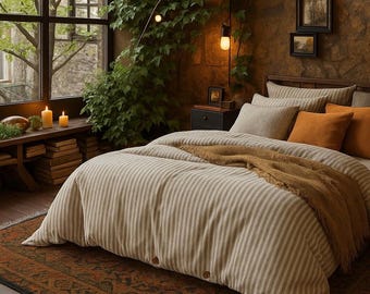 Beige Striped Cotton-Linen Duvet Cover Set – Reversible Luxury Bedding
