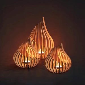 Juego de 3 portavelas de madera con forma de lágrima, faroles de MDF, decoración moderna y marrón para el hogar.