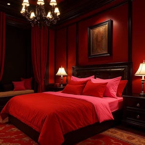 Luxury double-sided bedding in red and blush tones, designed for stylish bedrooms and cozy nights.