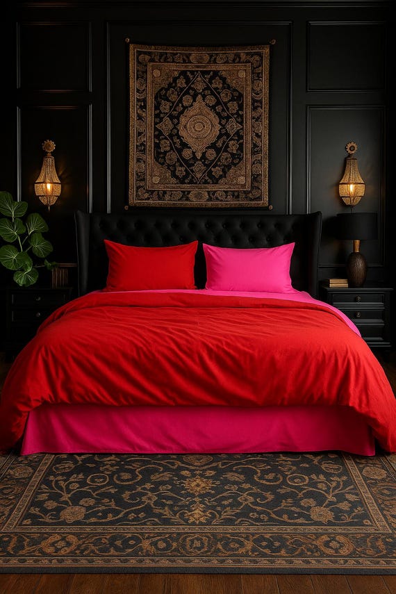 Red Pink Reversible Duvet Cover Set: Turkish Cotton Ranforce Bedding