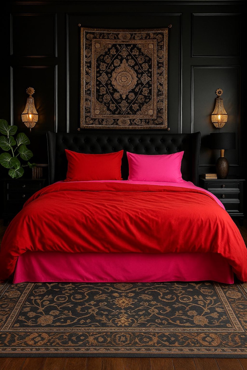 Red and pink bedding designed to create a relaxing and stylish atmosphere in any bedroom.