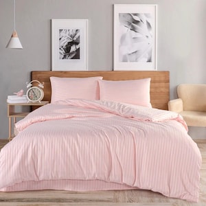 Juego de funda nórdica reversible de rayas rosas: ropa de cama de algodón de 4 piezas (200 x 220 cm)