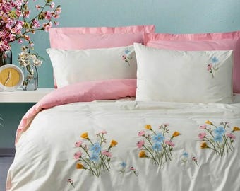 Pink Floral Embroidered Cotton Duvet Cover Set: Queen/King Size