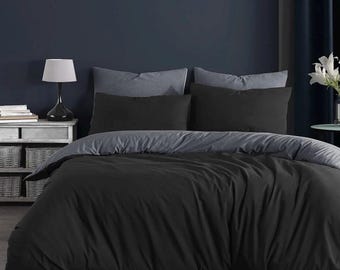 Charcoal Black Duvet Cover Set: Breathable Cotton Blend, Turkish Bedding