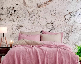 Rosa Musselin Tagesdecke 200 x 220 cm - Leichte Fransen Decke