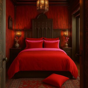 Double-sided bedding set featuring vibrant red and pastel pink hues for a chic and cozy home.