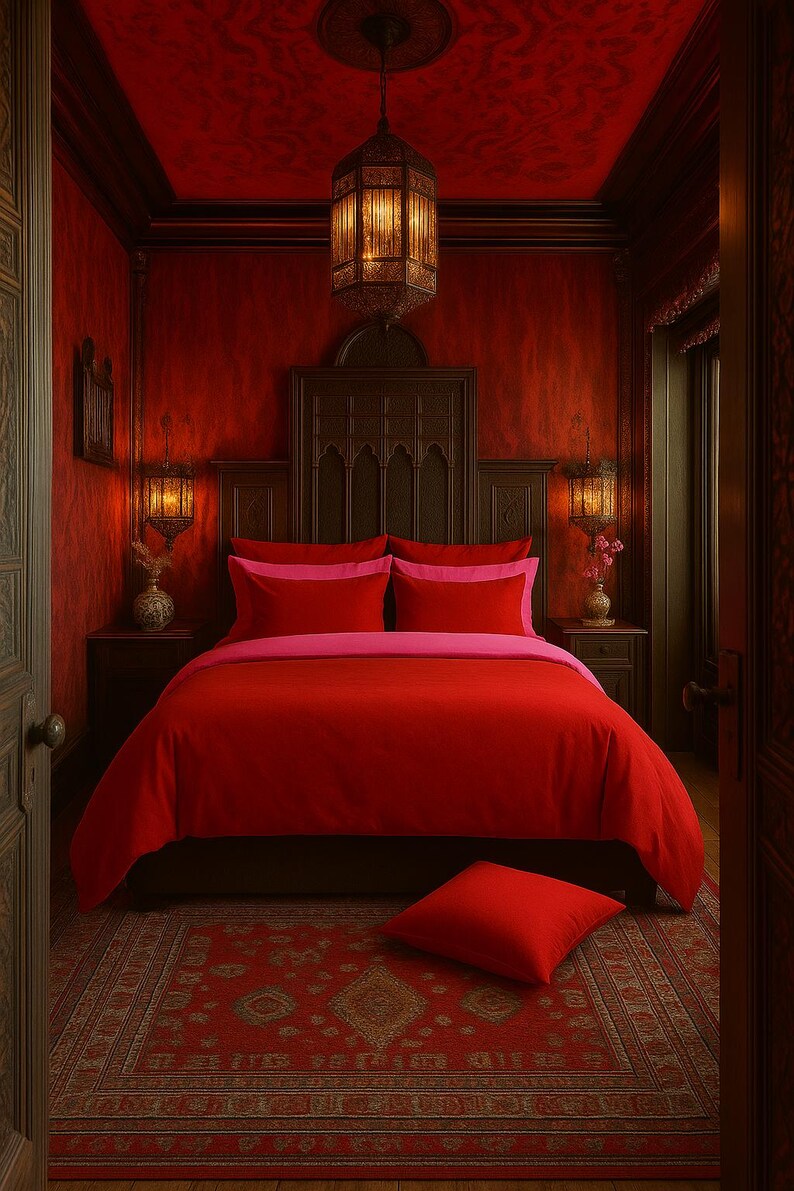Double-sided bedding set featuring vibrant red and pastel pink hues for a chic and cozy home.