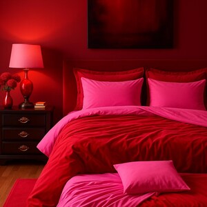 Reversible red-pink bedding set — one side passionate, the other peaceful, both beautifully made.