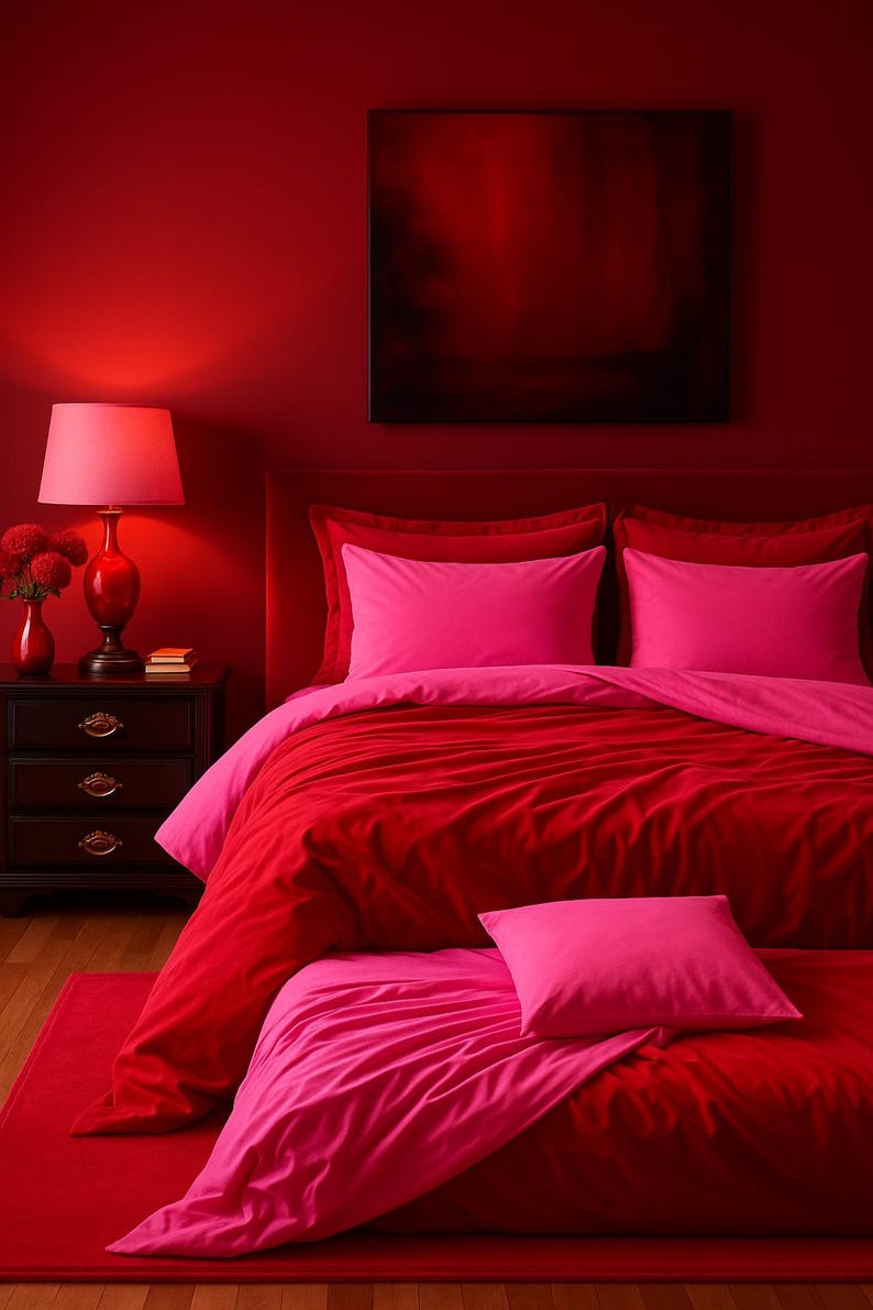 Reversible red-pink bedding set — one side passionate, the other peaceful, both beautifully made.