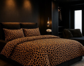 Reversible Leopard Print Duvet Cover Set, Queen Size, Fitted Sheet, Made in Turkey