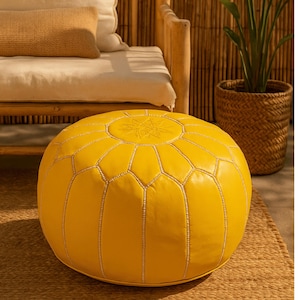 Handmade Moroccan Leather Pouf – Yellow Round Ottoman Cover, Unfilled Boho Footstool for Living Room, Vintage Moroccan Décor, Gift Idea