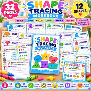 Può includere: Un quaderno di esercizi di 32 pagine per tracciare forme, adatto alla scuola materna, con 12 forme. La copertina mostra forme colorate con volti e il testo 'SHAPE TRACING WORKBOOK'. Include attività di tracciamento, disegno, conteggio e abbinamento.