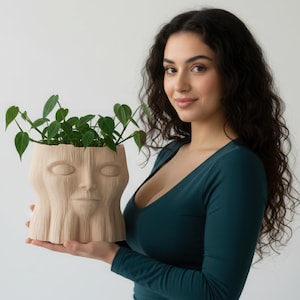 Mother Nature Tree Stump Head Pot STL File 3D Model For 3D Printing, Rustic Unique Indoor Wood Grain Biolithic Planter Decor