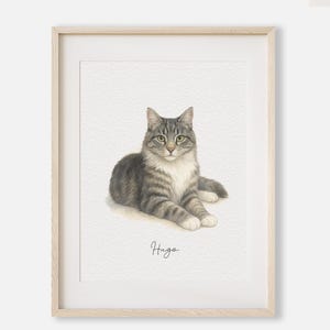 Op de afbeelding: Een ingelijste aquarelprint van een grijze tabbykat genaamd Hugo. De kat ligt met uitgestrekte voorpoten. De kat heeft groene ogen en een witte borst. De print zit in een licht houten frame.