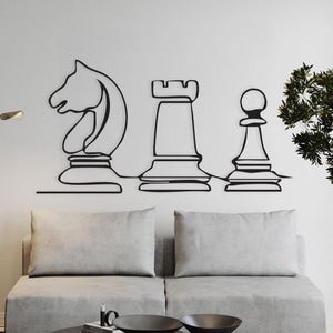Chess Wall Art – Knight Rook Pawn Metal Sign – Modern Line Art Chess Pieces – Minimalist Game Room Decor – Gift for Chess Lovers