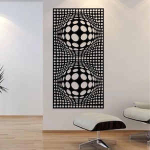 May include: A black and white geometric wall panel with a repeating pattern of white circles. The design creates an optical illusion of two spherical shapes. This modern artwork would suit a contemporary living space.
